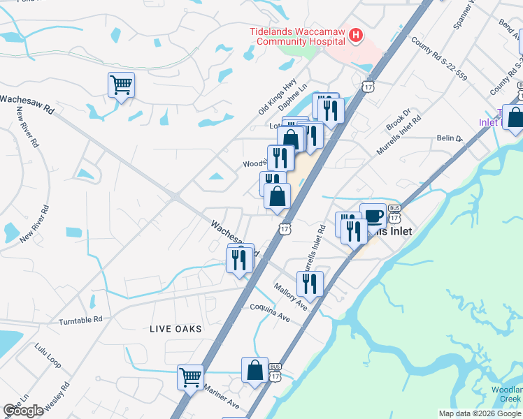 map of restaurants, bars, coffee shops, grocery stores, and more near 734 Causey Road in Murrells Inlet