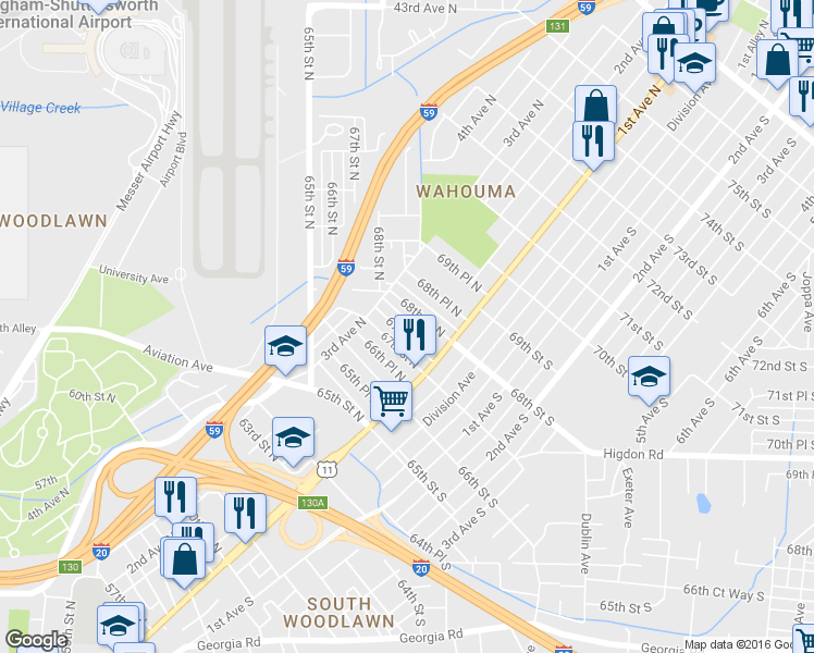 map of restaurants, bars, coffee shops, grocery stores, and more near 201 67th Place North in Birmingham