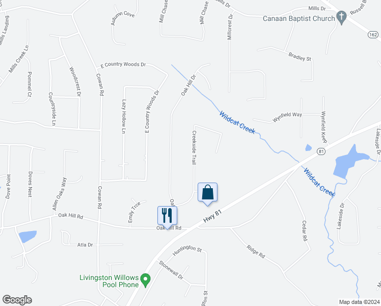 map of restaurants, bars, coffee shops, grocery stores, and more near 130 Creekside Trail in Covington