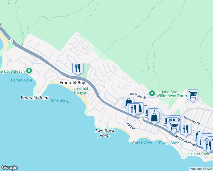 map of restaurants, bars, coffee shops, grocery stores, and more near 300 Emerald Bay in Laguna Beach