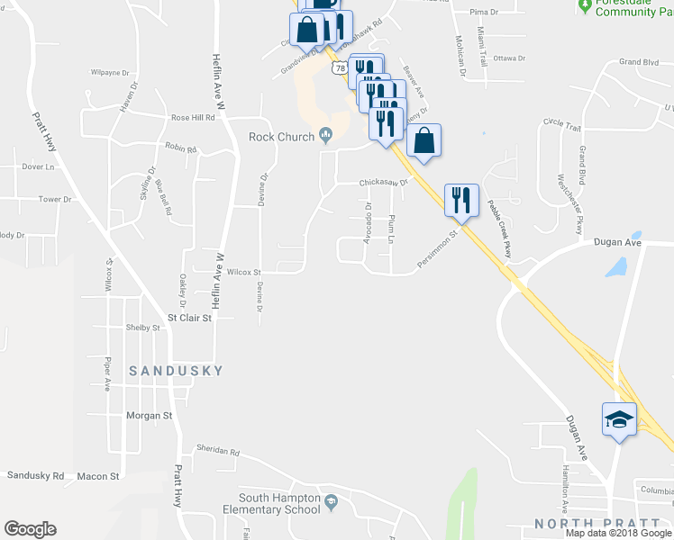 map of restaurants, bars, coffee shops, grocery stores, and more near 1012 Avocado Circle in Birmingham