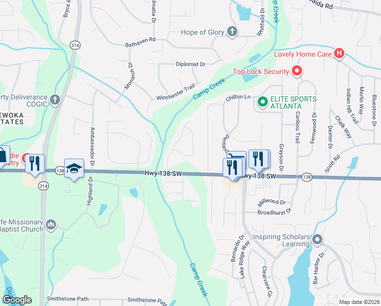 map of restaurants, bars, coffee shops, grocery stores, and more near 1421 Camelia St in Riverdale