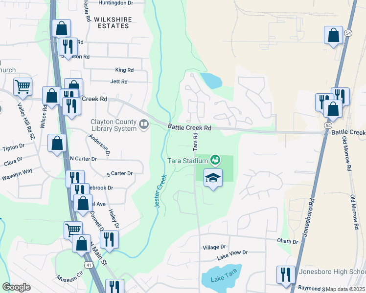 map of restaurants, bars, coffee shops, grocery stores, and more near 7363 Tara Road in Jonesboro
