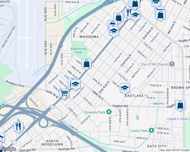 map of restaurants, bars, coffee shops, grocery stores, and more near 6909 Division Avenue in Birmingham
