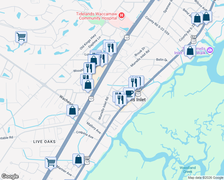 map of restaurants, bars, coffee shops, grocery stores, and more near 587 Vaux Hall Avenue in Murrells Inlet