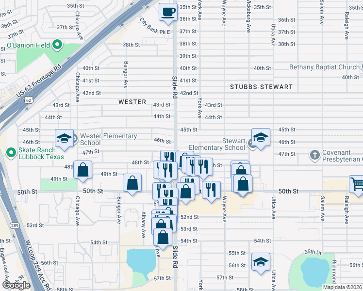 map of restaurants, bars, coffee shops, grocery stores, and more near 5115 46th Street in Lubbock