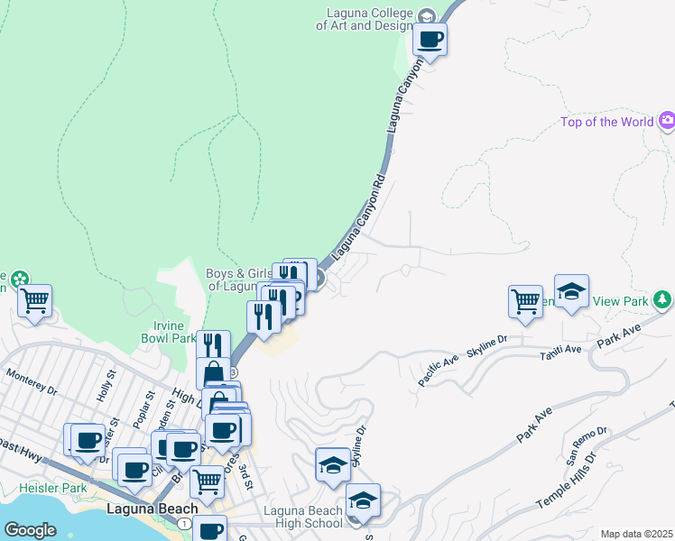 map of restaurants, bars, coffee shops, grocery stores, and more near 1214 Fairywood Lane in Laguna Beach