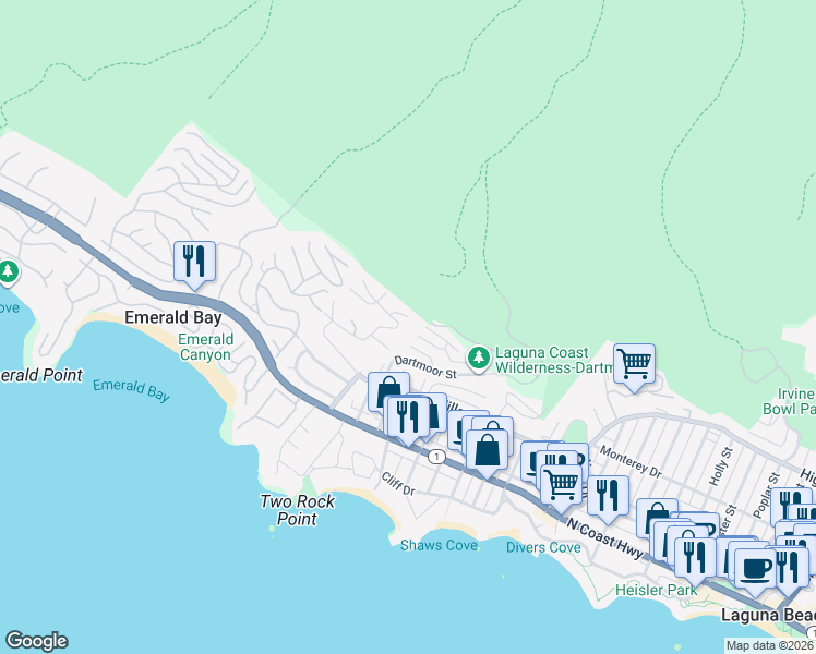 map of restaurants, bars, coffee shops, grocery stores, and more near 575 Windsor Place in Laguna Beach