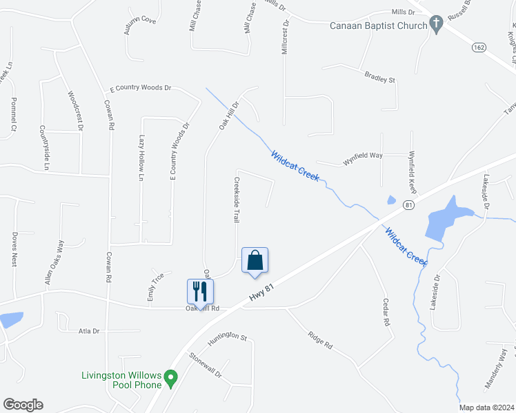 map of restaurants, bars, coffee shops, grocery stores, and more near 325 Creekside Trail in Covington