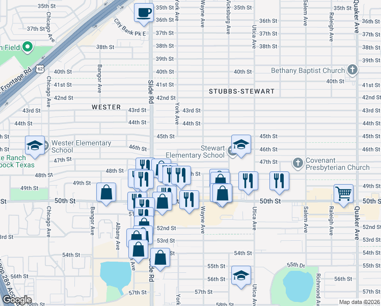 map of restaurants, bars, coffee shops, grocery stores, and more near 5007 46th Street in Lubbock