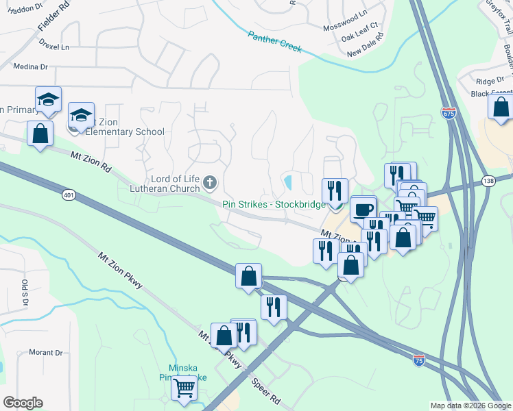 map of restaurants, bars, coffee shops, grocery stores, and more near 3360 Mount Zion Road in Stockbridge