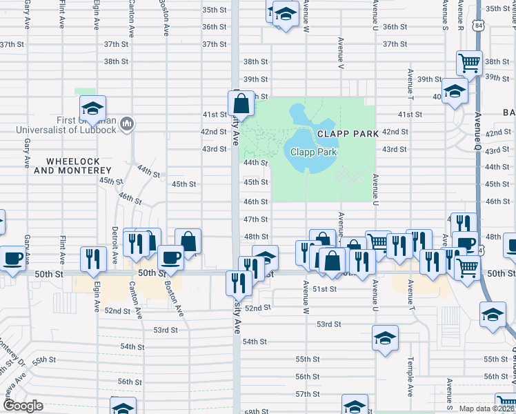 map of restaurants, bars, coffee shops, grocery stores, and more near 2409 46th Street in Lubbock