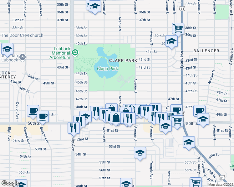map of restaurants, bars, coffee shops, grocery stores, and more near 2212 47th Street in Lubbock