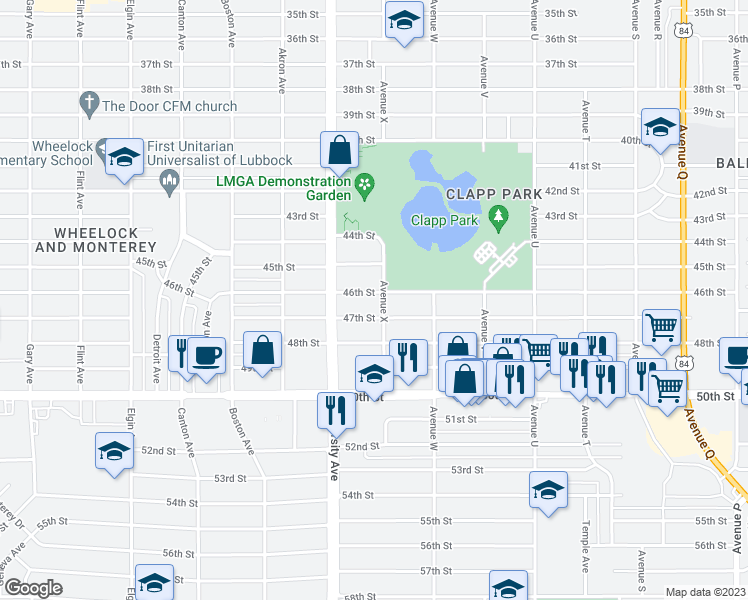 map of restaurants, bars, coffee shops, grocery stores, and more near 2403 46th St in Lubbock