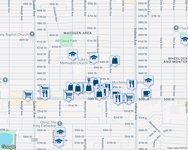 map of restaurants, bars, coffee shops, grocery stores, and more near 3705 46th Street in Lubbock