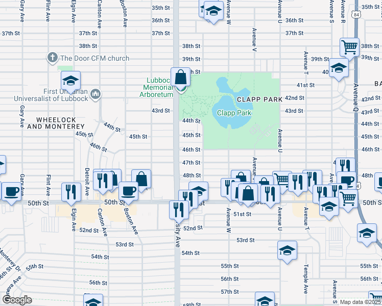 map of restaurants, bars, coffee shops, grocery stores, and more near 2409 46th Street in Lubbock