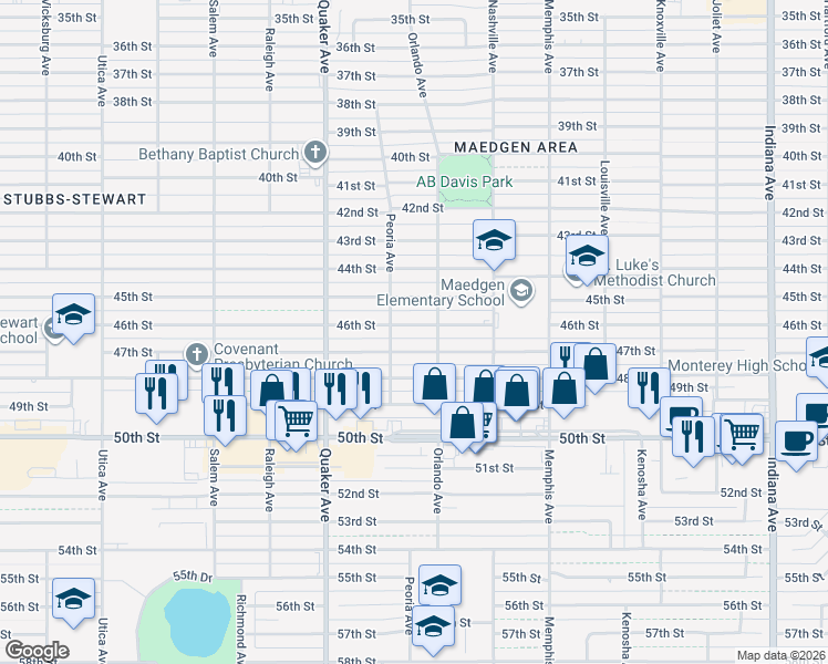 map of restaurants, bars, coffee shops, grocery stores, and more near 4207 46th Street in Lubbock