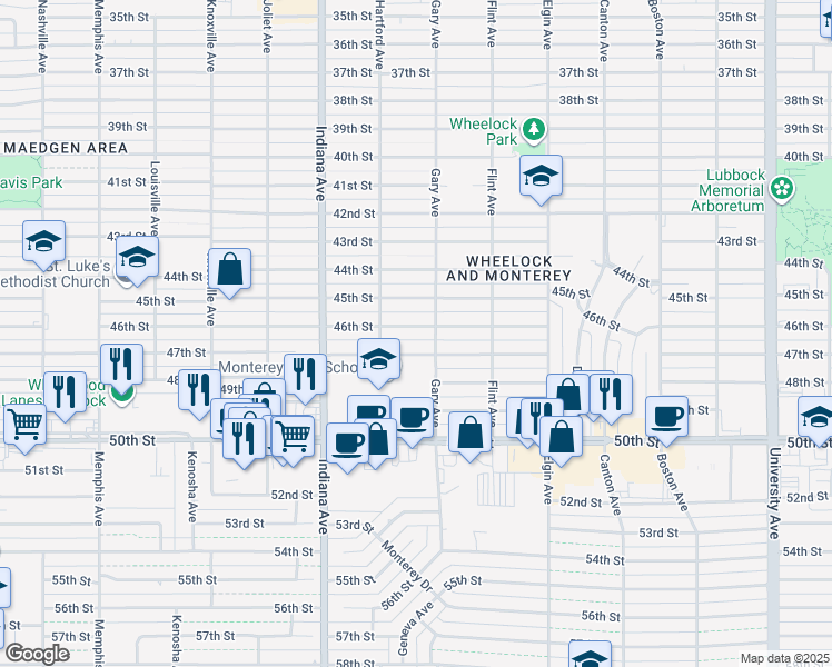 map of restaurants, bars, coffee shops, grocery stores, and more near 3205 46th Street in Lubbock