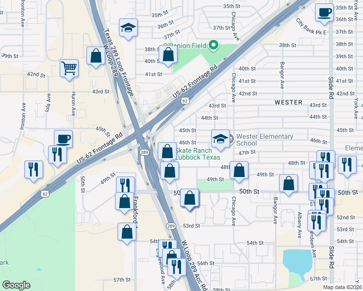 map of restaurants, bars, coffee shops, grocery stores, and more near 5715 46th Street in Lubbock