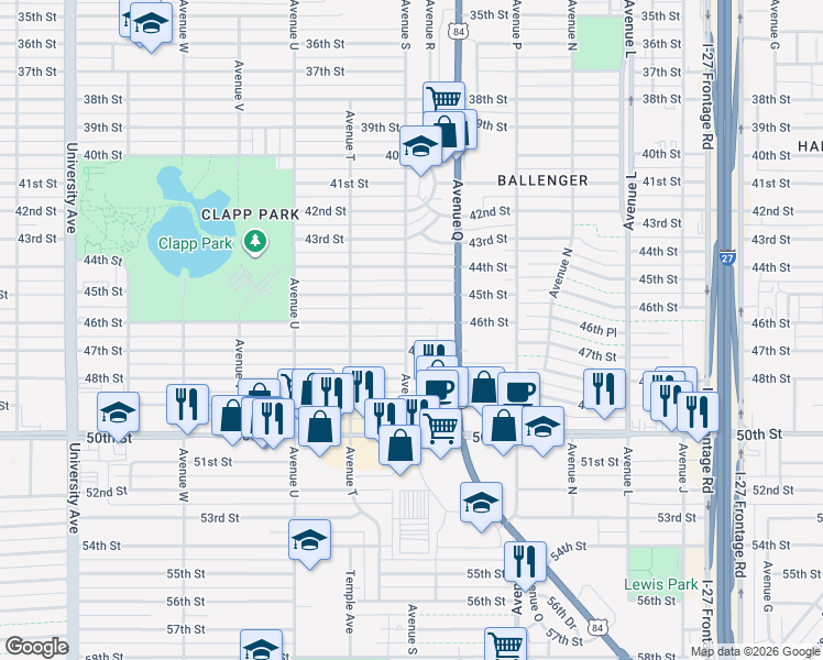 map of restaurants, bars, coffee shops, grocery stores, and more near 1902 47th Street in Lubbock
