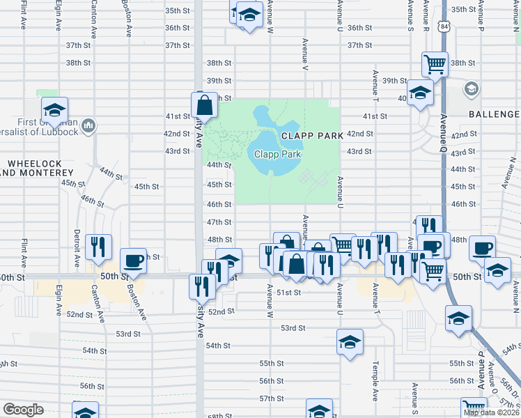 map of restaurants, bars, coffee shops, grocery stores, and more near 2303 46th Street in Lubbock