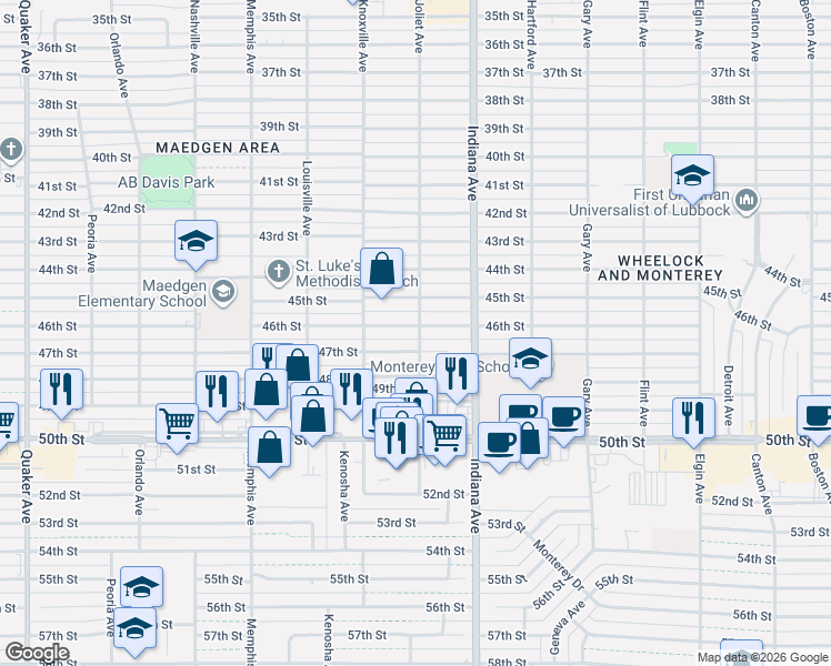 map of restaurants, bars, coffee shops, grocery stores, and more near 3503 46th Street in Lubbock