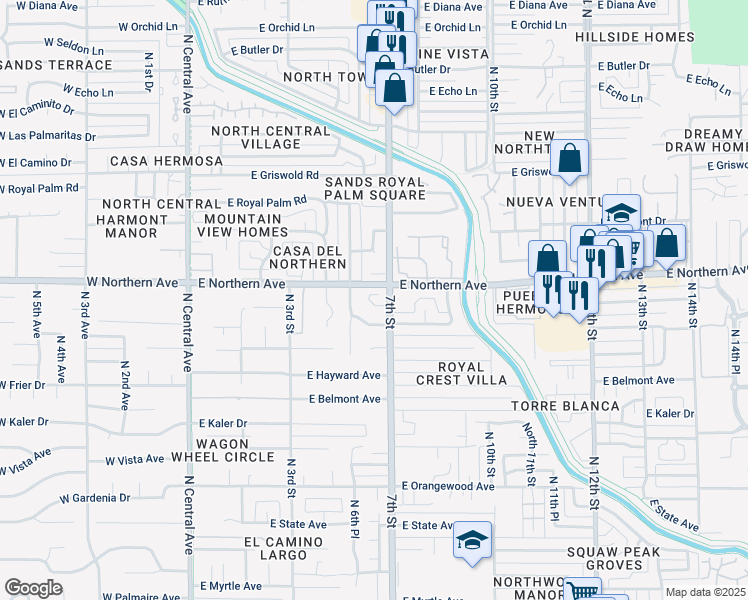 map of restaurants, bars, coffee shops, grocery stores, and more near 7825 North 6th Street in Phoenix