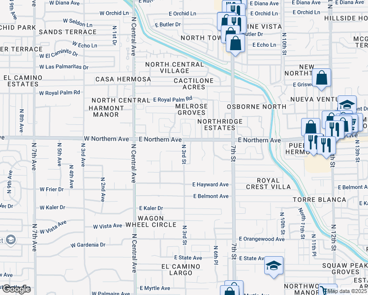 map of restaurants, bars, coffee shops, grocery stores, and more near 220 East Winter Drive in Phoenix