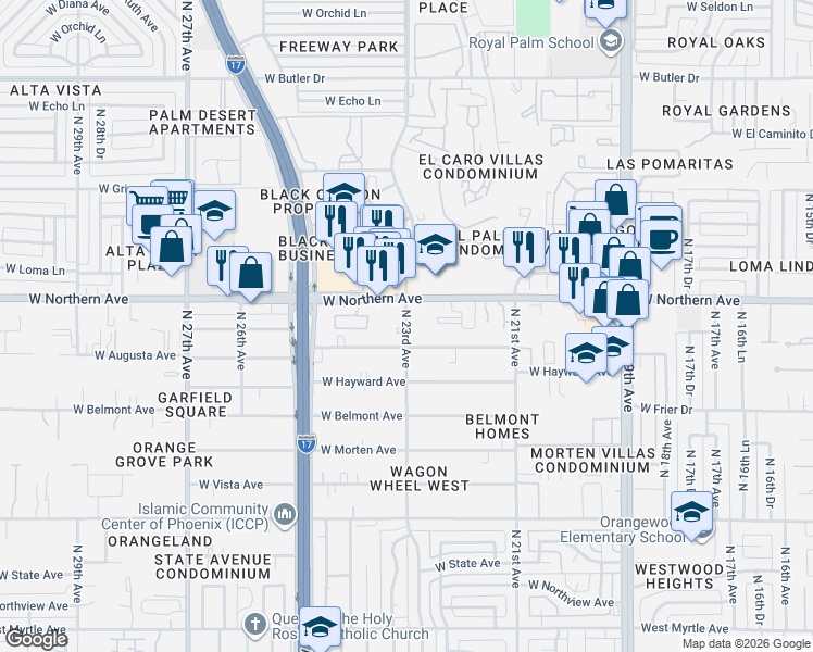 map of restaurants, bars, coffee shops, grocery stores, and more near 7830 North 23rd Avenue in Phoenix