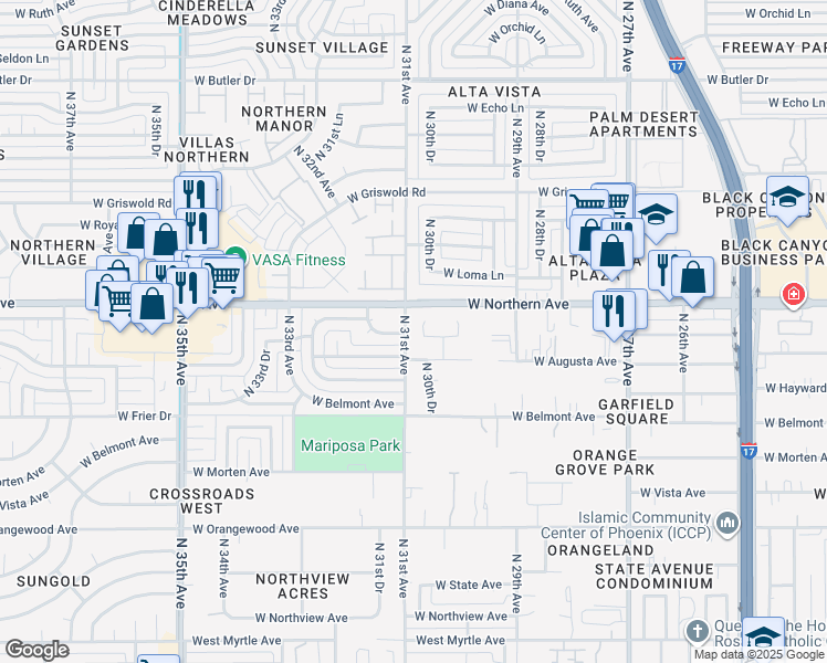 map of restaurants, bars, coffee shops, grocery stores, and more near 3031 West Winter Drive in Phoenix
