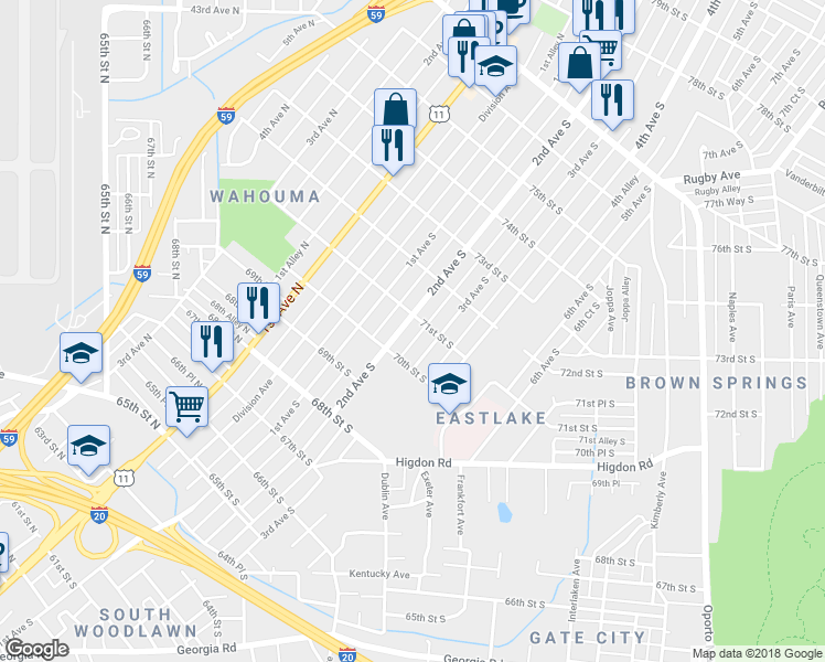 map of restaurants, bars, coffee shops, grocery stores, and more near 7028 3rd Avenue South in Birmingham