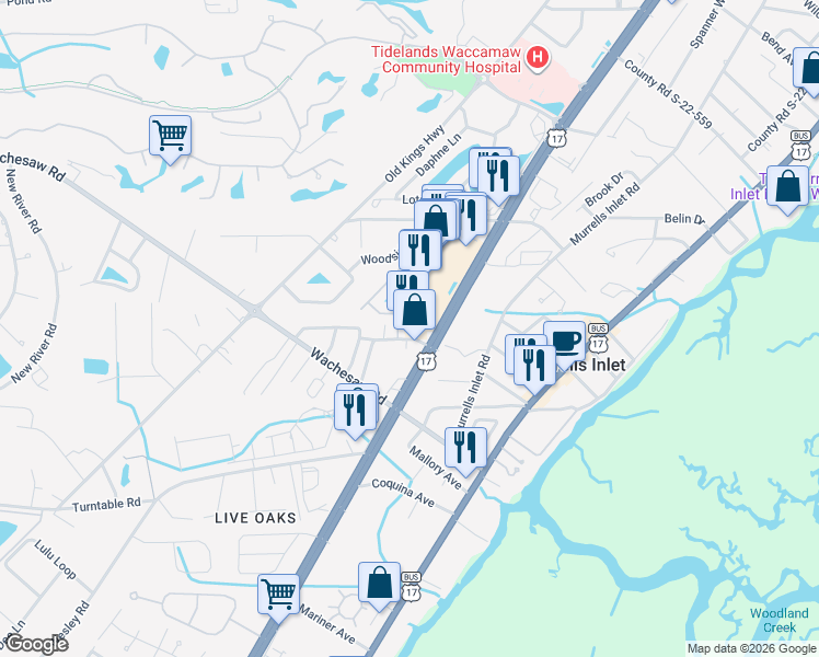 map of restaurants, bars, coffee shops, grocery stores, and more near 4500 U.S. 17 in Murrells Inlet