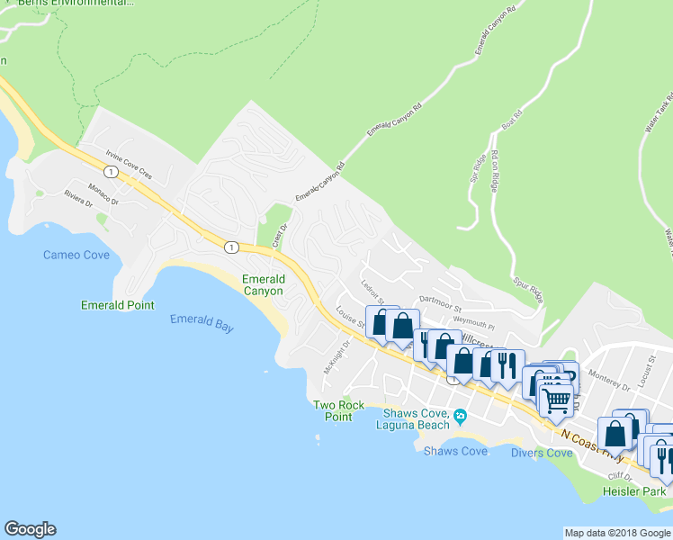 map of restaurants, bars, coffee shops, grocery stores, and more near 216 Emerald Bay in Laguna Beach