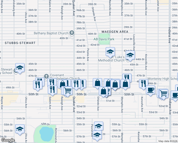 map of restaurants, bars, coffee shops, grocery stores, and more near 4213 46th Street in Lubbock