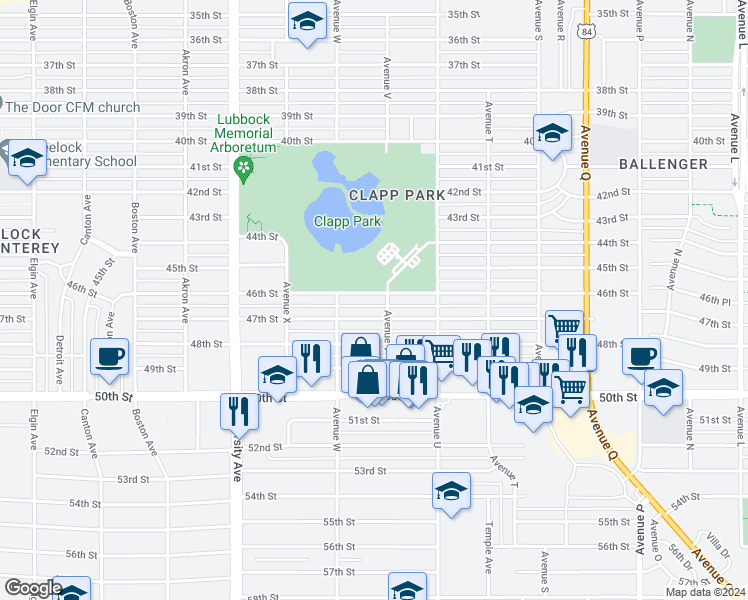 map of restaurants, bars, coffee shops, grocery stores, and more near 2205 46th Street in Lubbock