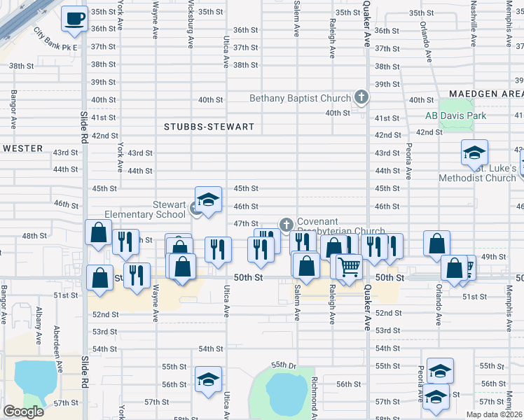 map of restaurants, bars, coffee shops, grocery stores, and more near 4621 46th Street in Lubbock