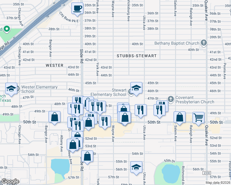 map of restaurants, bars, coffee shops, grocery stores, and more near 4917 46th Street in Lubbock