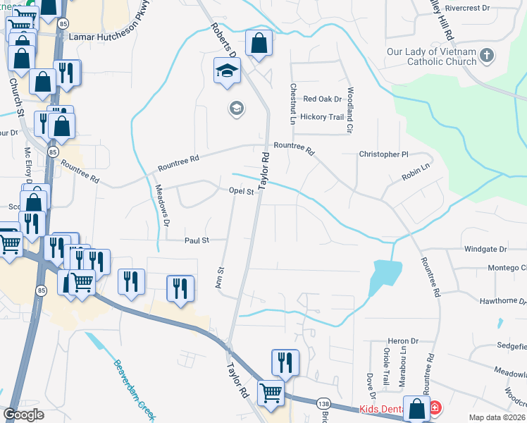 map of restaurants, bars, coffee shops, grocery stores, and more near 7429 Taylor Road in Riverdale