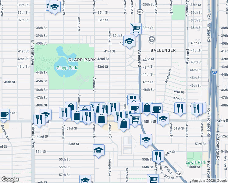 map of restaurants, bars, coffee shops, grocery stores, and more near 1915 46th Street in Lubbock