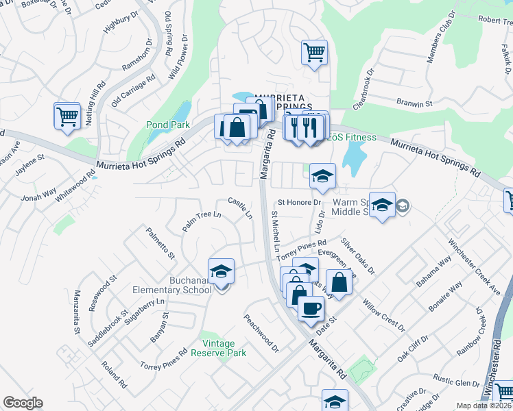 map of restaurants, bars, coffee shops, grocery stores, and more near 39733 Benjamin Court in Murrieta