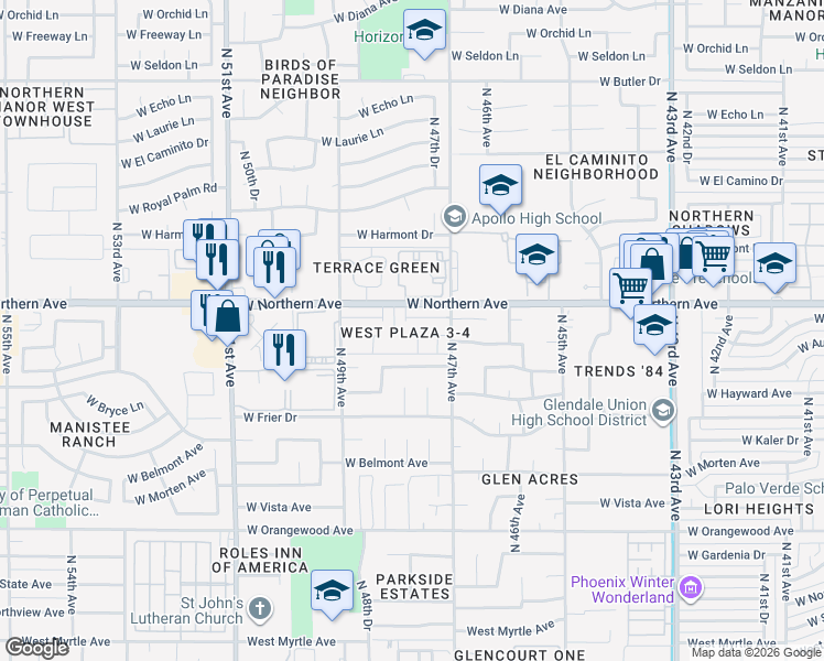 map of restaurants, bars, coffee shops, grocery stores, and more near 24 Apartment in Glendale