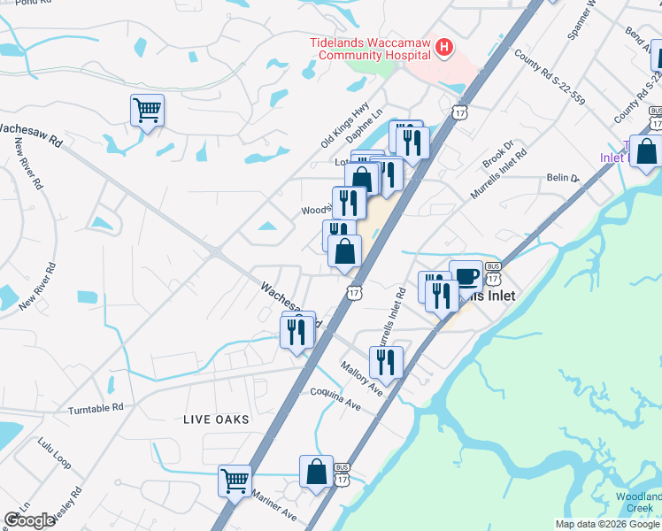 map of restaurants, bars, coffee shops, grocery stores, and more near 734 Causey Road in Murrells Inlet