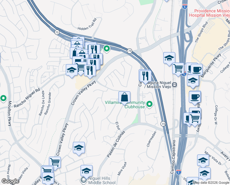 map of restaurants, bars, coffee shops, grocery stores, and more near 25642 Greenfield Drive in Laguna Niguel