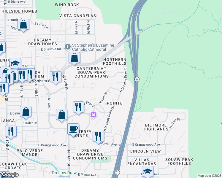 map of restaurants, bars, coffee shops, grocery stores, and more near 1905 East Winter Drive in Phoenix