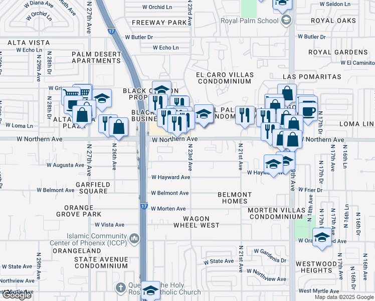 map of restaurants, bars, coffee shops, grocery stores, and more near 7830 North 23rd Avenue in Phoenix