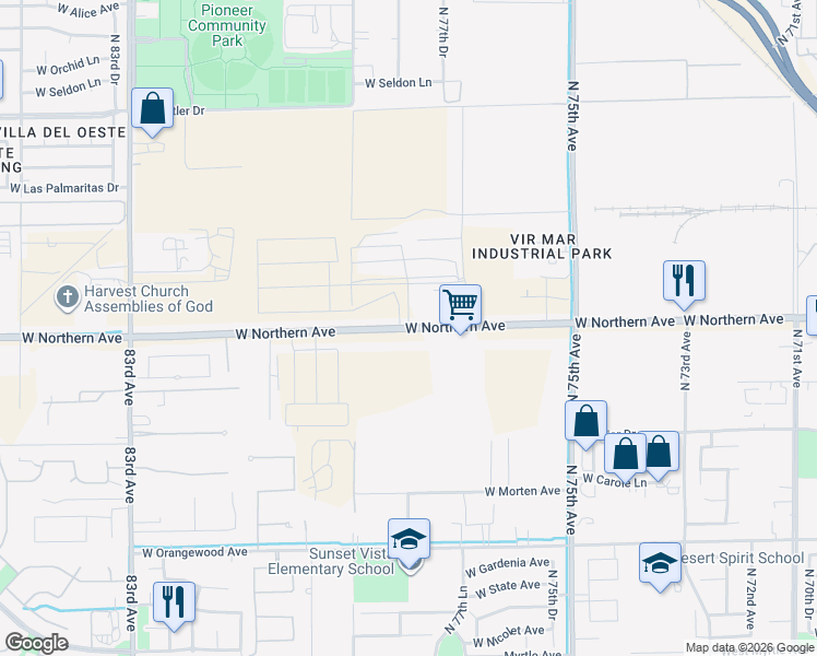 map of restaurants, bars, coffee shops, grocery stores, and more near 7803 West Northern Avenue in Glendale