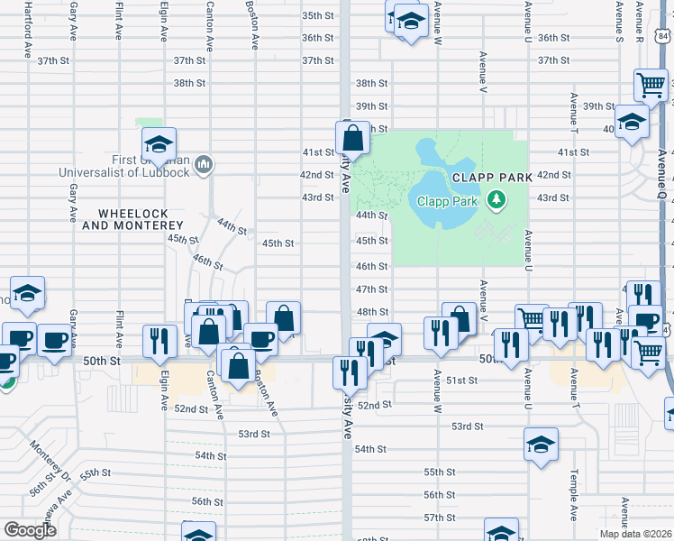 map of restaurants, bars, coffee shops, grocery stores, and more near 2505 46th Street in Lubbock