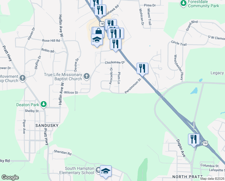 map of restaurants, bars, coffee shops, grocery stores, and more near 1001 Avocado Drive in Birmingham