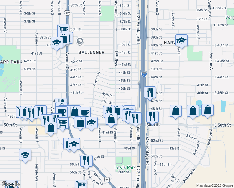 map of restaurants, bars, coffee shops, grocery stores, and more near in Lubbock