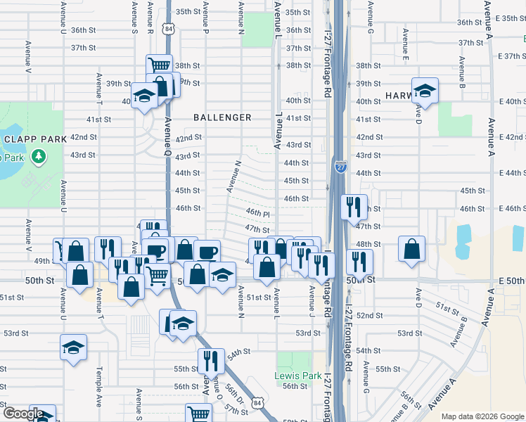 map of restaurants, bars, coffee shops, grocery stores, and more near 1311 46th Place in Lubbock